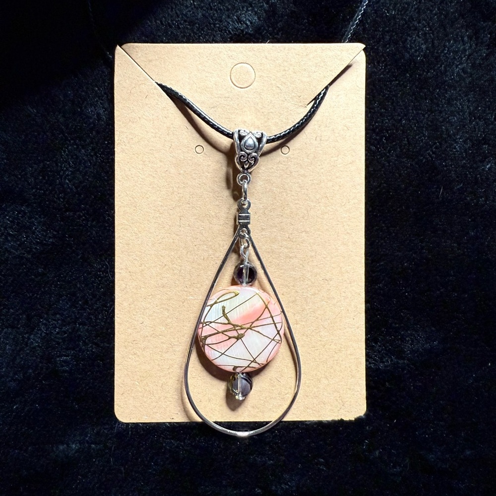Silver Teardrop Pendant Necklace with Pink Marbled Stone and Matching Earrings.